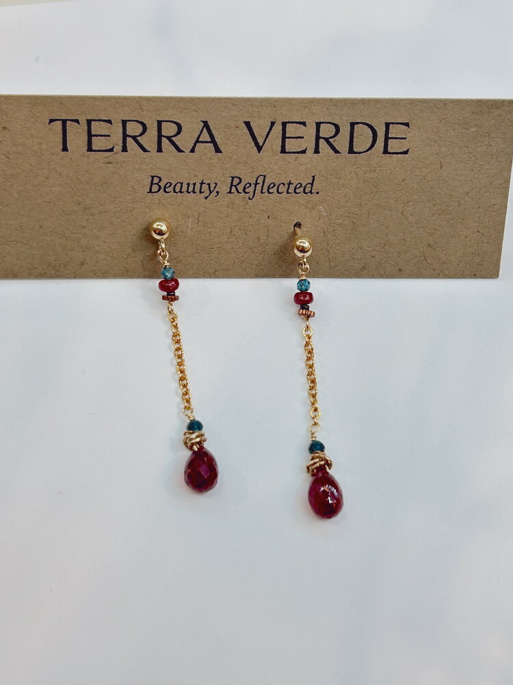 Chipita Earring: 1.375" - Gold Fill, Ruby, Tourmaline