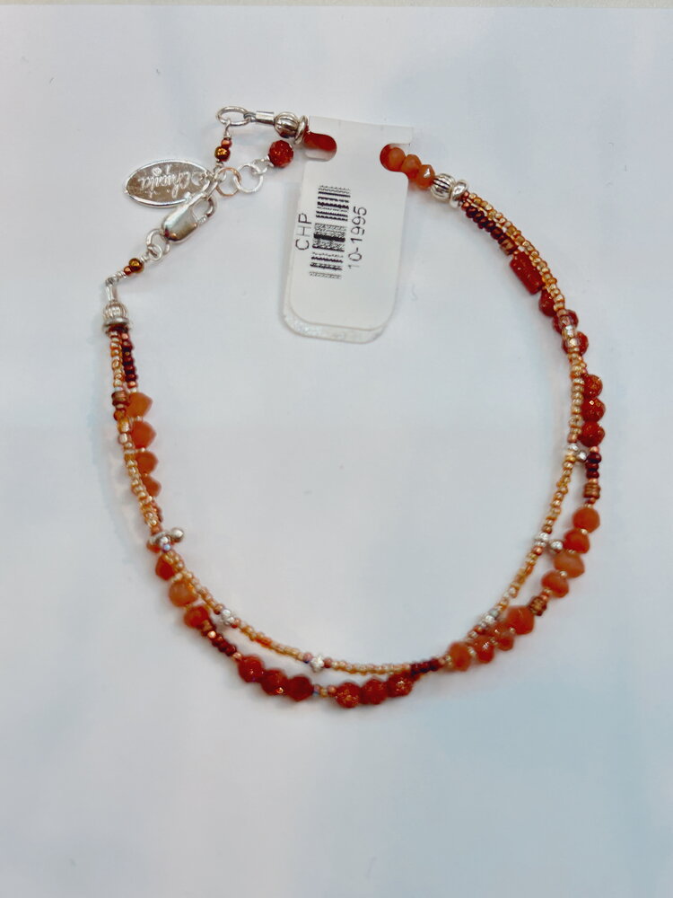 Chipita Bracelet: 7.25" - Sterling Silver, Moonstone, Goldstone, Copper, Glass seed beads