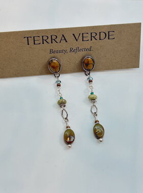 Chipita Earring: 2" - Sterling Silver, Turquoise, Serpentine, Swarovski crystal