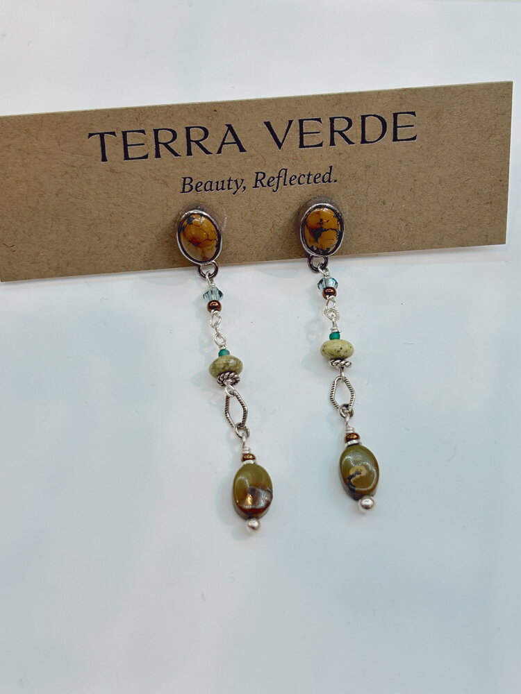 Chipita Earring: 2" - Sterling Silver, Turquoise, Serpentine, Swarovski crystal