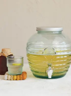 Creative Co-Op Recycled Glass Ribbed Beverage Dispenser w/ Embossed Bee & Spout