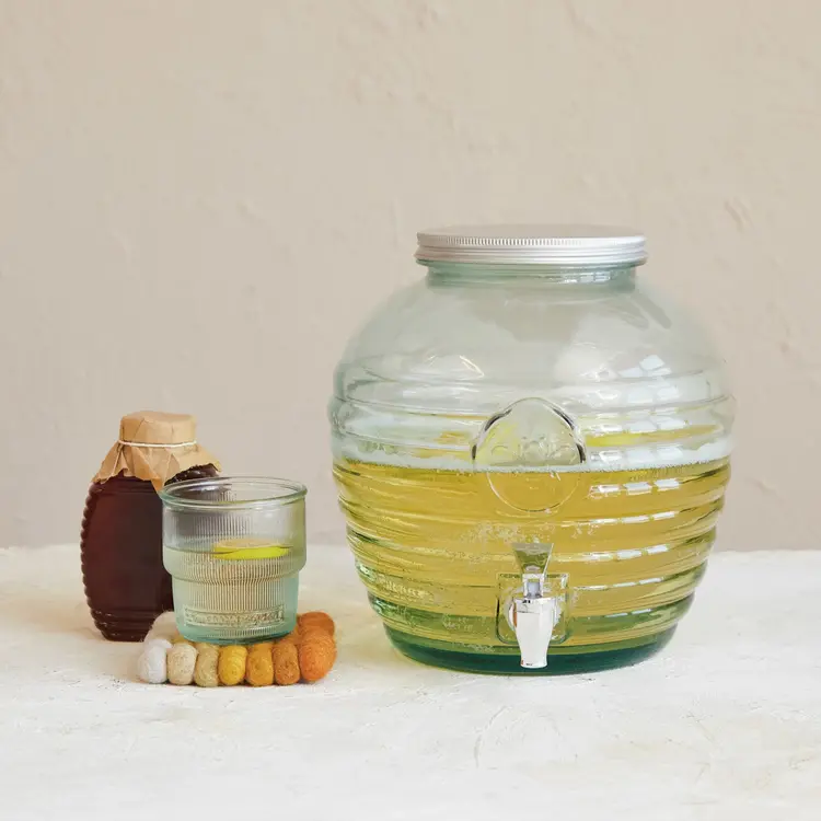 Creative Co-Op Recycled Glass Ribbed Beverage Dispenser w/ Embossed Bee & Spout