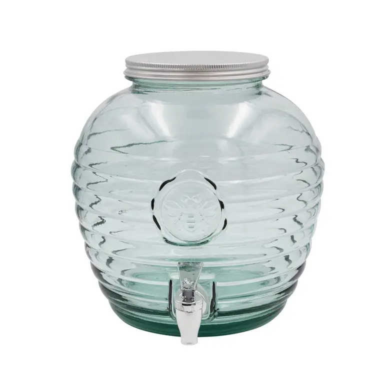 Creative Co-Op Recycled Glass Ribbed Beverage Dispenser w/ Embossed Bee & Spout