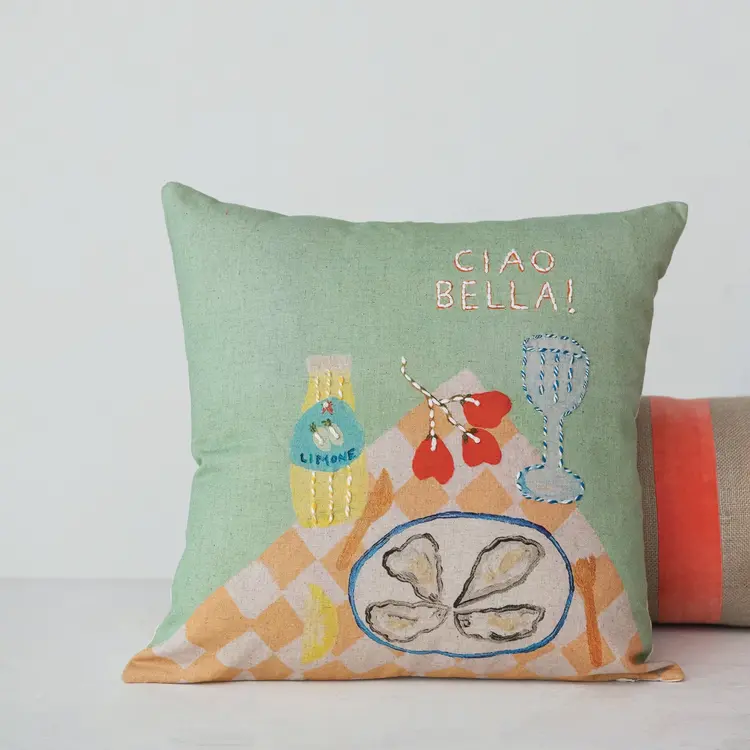 Creative Co-Op 18" Square Cotton & Linen Printed Pillow w/ Tablescape