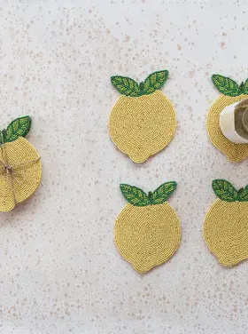 Creative Co-Op Beaded Lemon Coasters, Set of 4 Tied with Jute