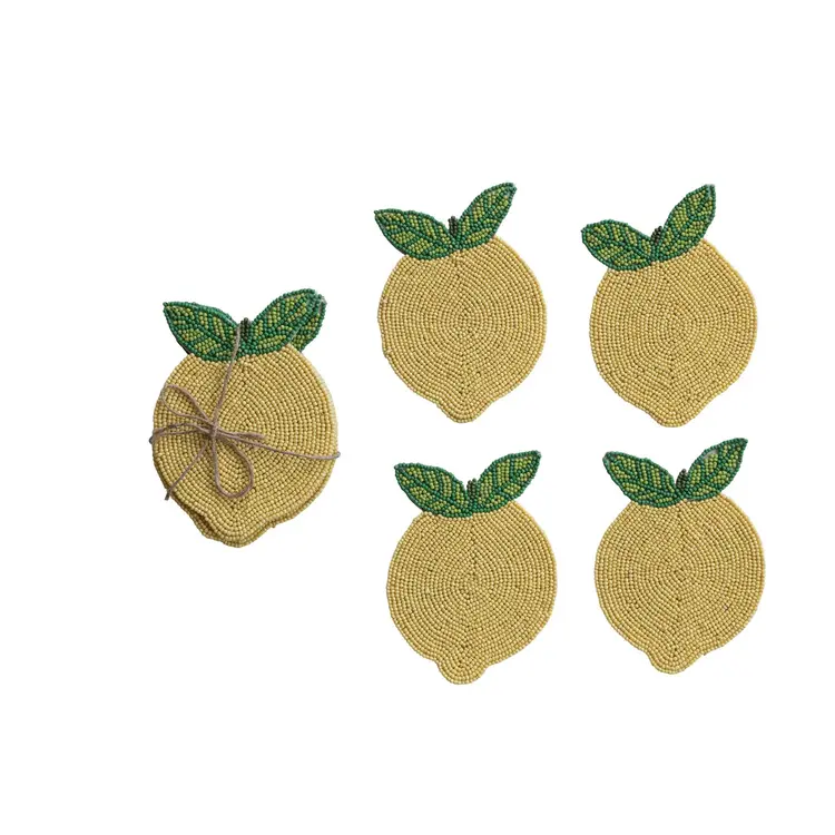 Creative Co-Op Beaded Lemon Coasters, Set of 4 Tied with Jute