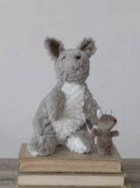 Creative Co-Op Plush Kangaroo w/ Joey in Pouch, Grey & White
