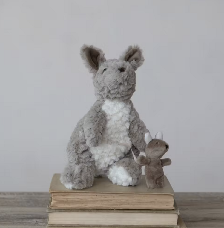 Creative Co-Op Plush Kangaroo w/ Joey in Pouch, Grey & White