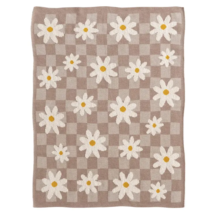 Creative Co-Op Cotton Knit Baby Blanket w/ Daisies & Check Pattern
