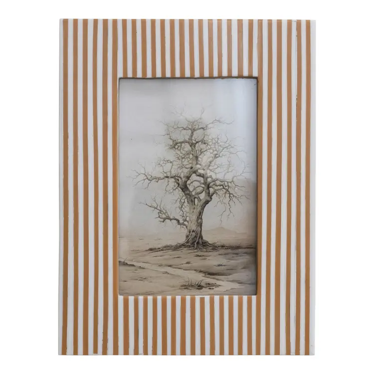 Creative Co-Op 4x6 Resin Striped Photo Frame, White & Caramel Color