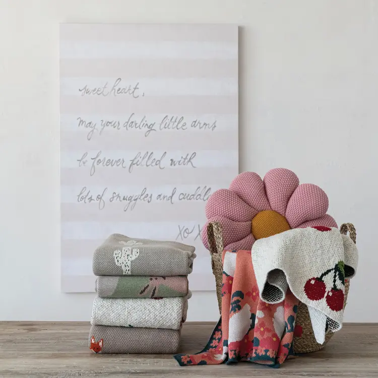 Creative Co-Op Cotton Knit Baby Blanket with Foxes