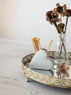 Creative Co-Op Stoneware Heart Shaped Match Holder with Striker, White