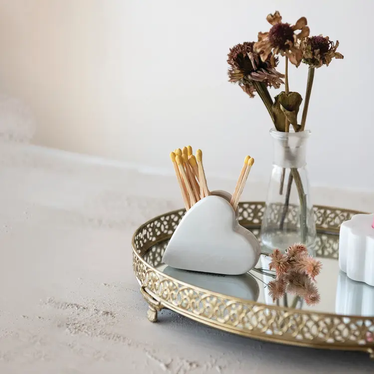 Creative Co-Op Stoneware Heart Shaped Match Holder with Striker, White