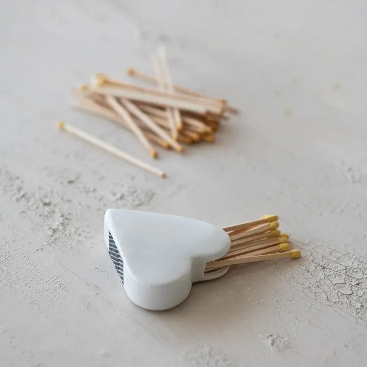 Creative Co-Op Stoneware Heart Shaped Match Holder with Striker, White