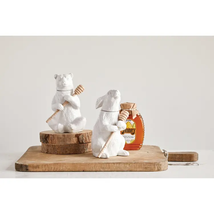 Creative Co-Op Bear Honey Pot with Honey Dipper, Set of 2