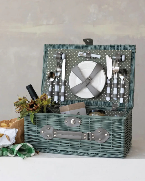 Picnic Basket for 4, Set of 24 (Plates, Glasses, Cutlery, Bottle Opener & Shakers)