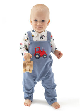 Angel Dear Mini Tractors -L/S Bamboo Henley Top with Tractor Applique French Terry Overalls Country Blue