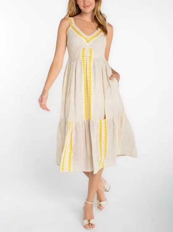 terra bardot midi dress in cityscape green Vintage Plaid Puff Sleeve Tea Dress M / Yellow I Retro Fairy main image 0