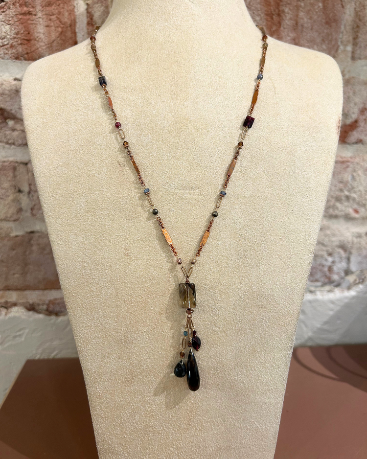 Chipita Necklace: Gold Fill, Bronze, Copper, Smokey Quartz, Apatite, Garnet, Pyrite, Iolite