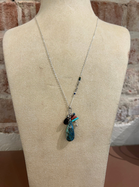 Chipita Necklace: 22" - Sterling Silver, Azurite, Garnet, Turquoise, Coral, Amber, Blue Topaz