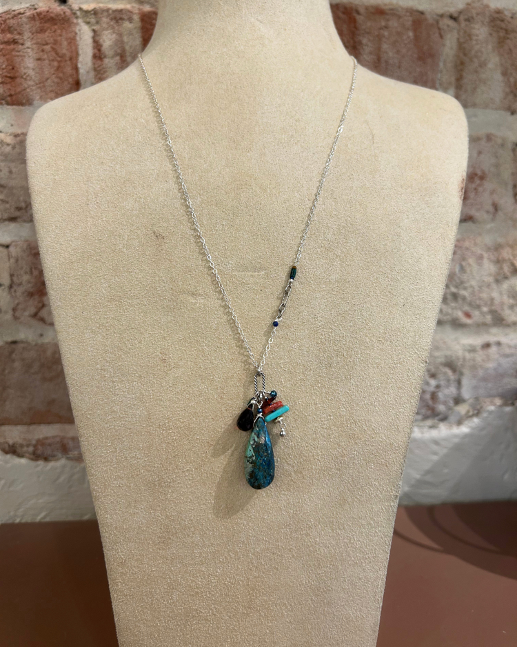 Chipita Necklace: 22" - Sterling Silver, Azurite, Garnet, Turquoise, Coral, Amber, Blue Topaz