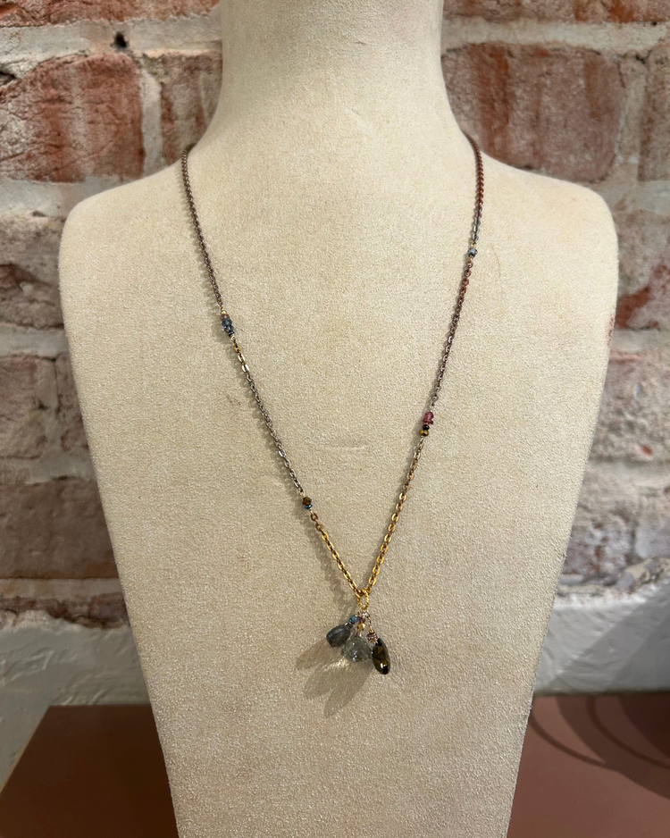 Chipita Necklace: 21"-22" - Bronze, Copper, Gold Fill, Whiskey Quartz, Pyrite, Labradorite, Andalusite, Garnet, Apatite