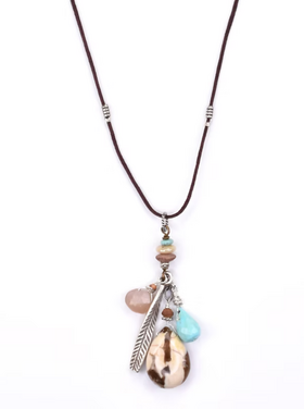 Chipita Necklace: 18"-24" Adjustable - Sterling Silver, Peanut Jasper, Turquoise, Peach Moonstone, Silk Nylon Blend cord
