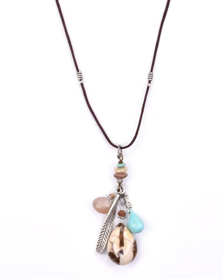 Chipita Necklace: 18"-24" Adjustable - Sterling Silver, Peanut Jasper, Turquoise, Peach Moonstone, Silk Nylon Blend cord