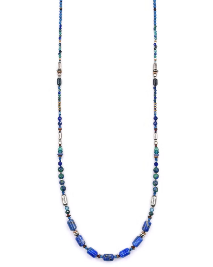 Chipita Necklace: 18"-19" - Sterling Silver, Bronze, Lapis, Chrysocolla, Gemstones