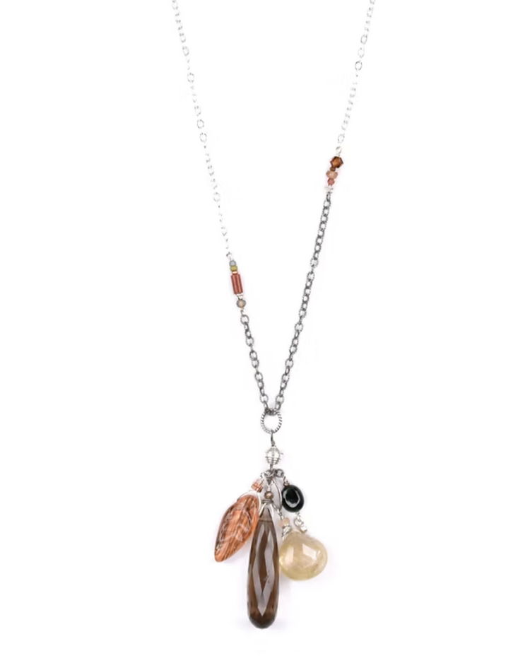Chipita Necklace: 18" - Sterling Silver, Smokey Quartz, Rutilated Quartz, Goldstone, Swarovski Crystal, Tourmaline