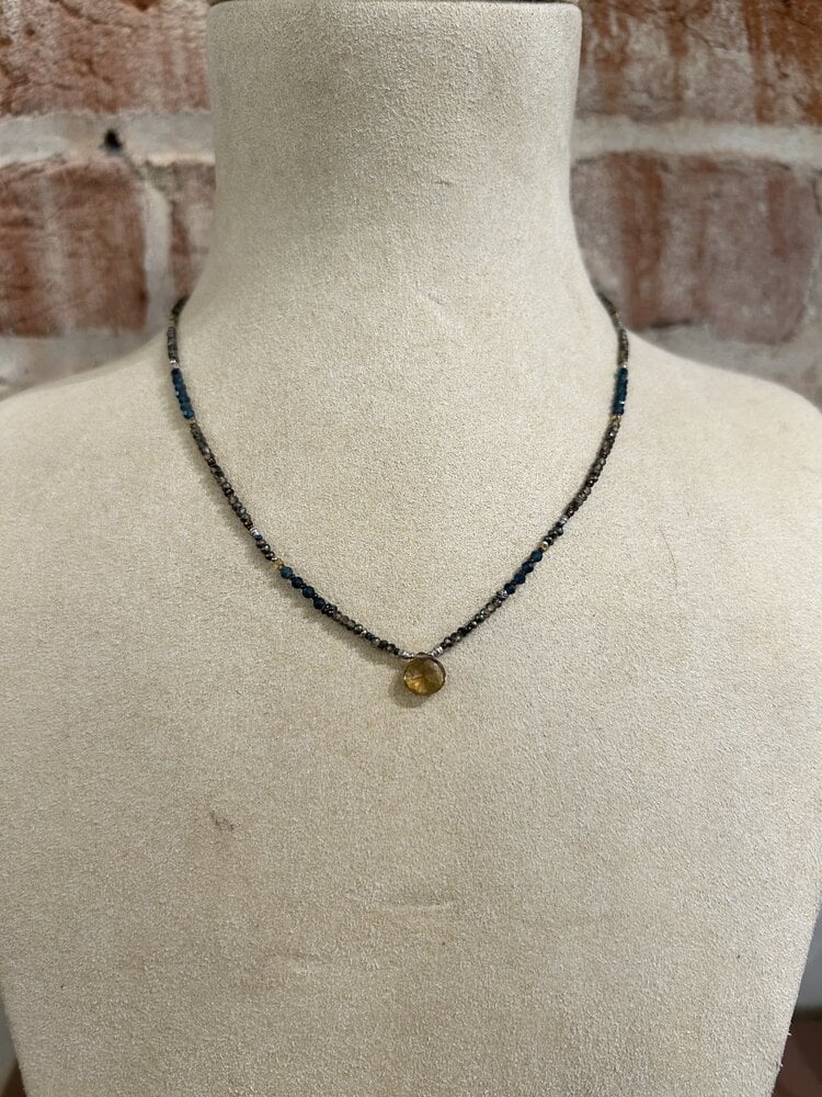 Chipita Necklace: 16" - Sterling Silver, Whiskey Quartz, Brown Zircon, Blue Tourmaline, Fresh Water Pearl