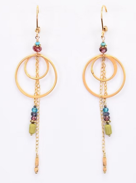Chipita Earring: 3.25" - G.F., 18K Vermeil, Garnet, Turq., Serpentine, Iolite, Apatite