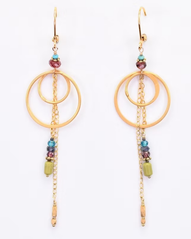 Chipita Earring: 3.25" - G.F., 18K Vermeil, Garnet, Turq., Serpentine, Iolite, Apatite