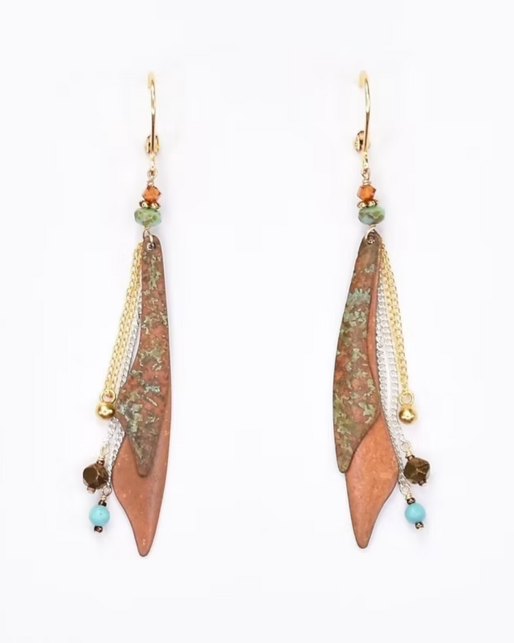 Chipita Earring: 3" - Turquoise, Gold Fill lever, Brass, Swarovski crystal