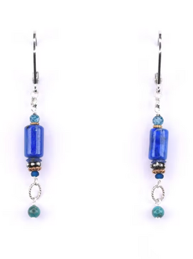 Chipita Earring: 2.75" - Sterling Silver, Bronze, Lapis, Chrysocolla, Blue Topaz