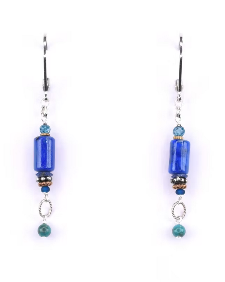 Chipita Earring: 2.75" - Sterling Silver, Bronze, Lapis, Chrysocolla, Blue Topaz