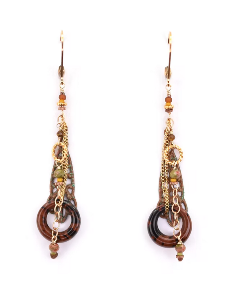 Chipita Earring: 2.5" - Gold Fill, 18K Vermeil, Mohagany Obsidian, Unakite, Citrine, Patinaed Brass