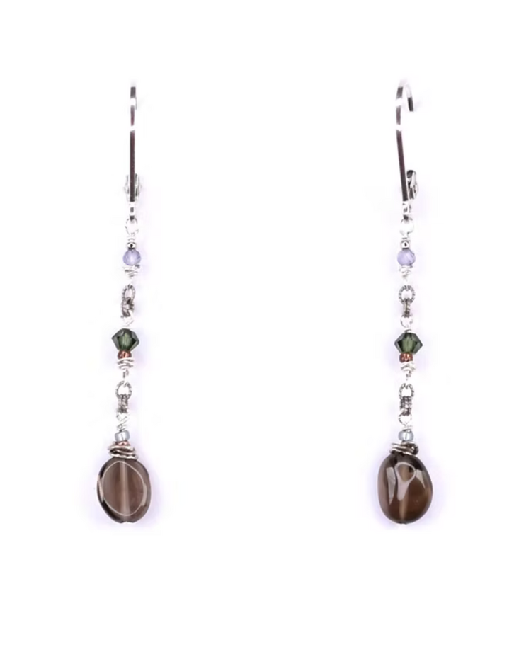 Chipita Earring: 2.25" - Sterling Silver, Smokey Quartz, Swarovski Crystal, Citrine, Iolite