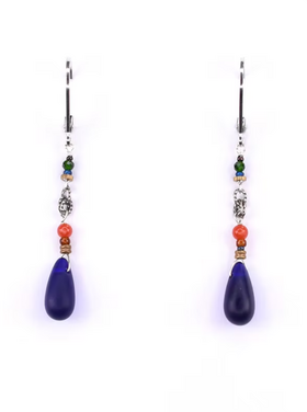 Chipita Earring: 2" - Sterling Silver, Coral, Emerald, Bronze, German glass beads