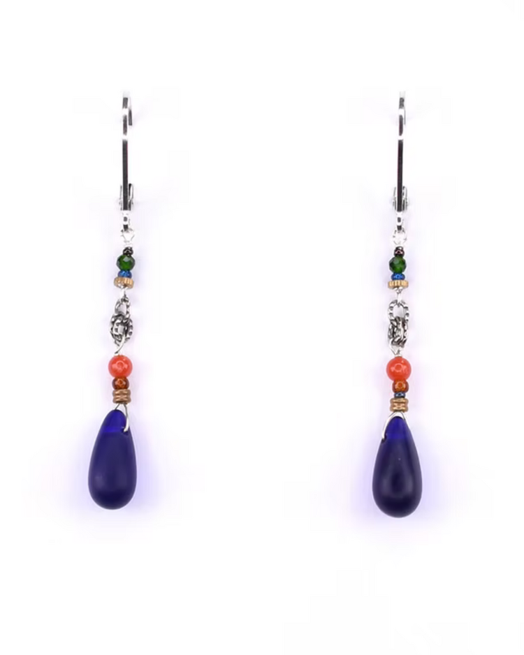Chipita Earring: 2" - Sterling Silver, Coral, Emerald, Bronze, German glass beads