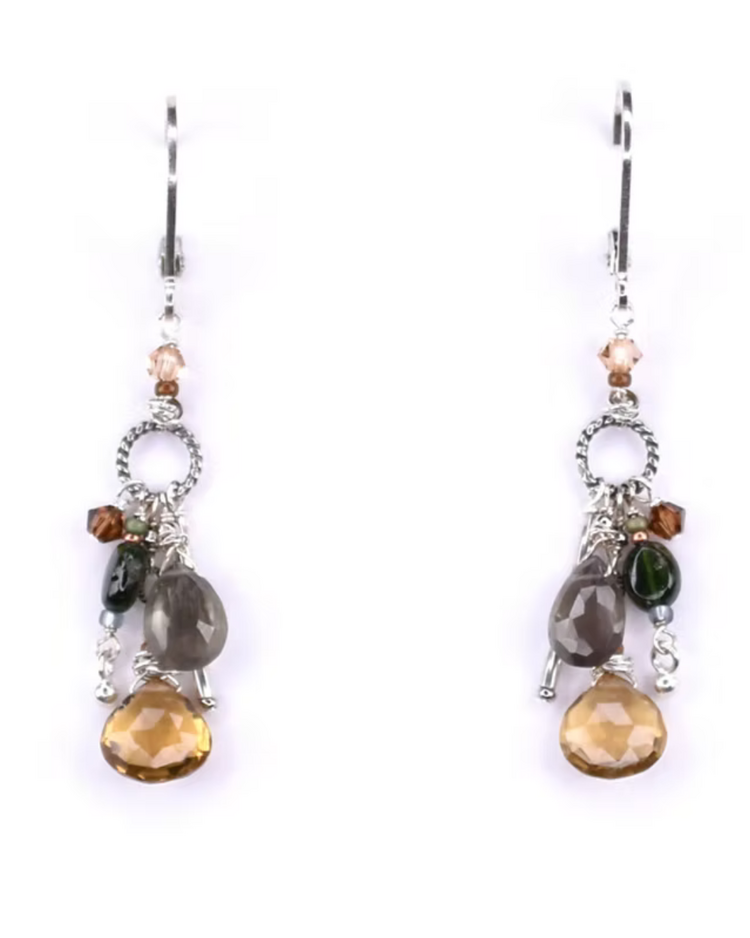 Chipita Earring: 1.75" - Sterling Silver, Whiskey Quartz, Tourmaline, Smokey Quartz