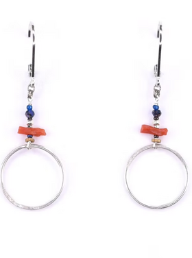 Chipita Earring: 1.75" - Sterling Silver, Lapis, Coral
