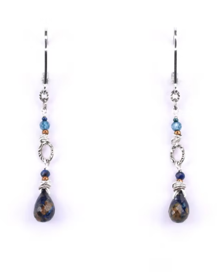 Chipita Earring: 1.75" - Sterling Silver, Azurite, Blue Topaz, Lapis