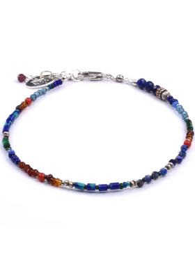 Chipita Bracelet: 7" - Sterling Silver, Lapis, Coral, Chrysocolla, Bronze, Garnet, Blue Topaz