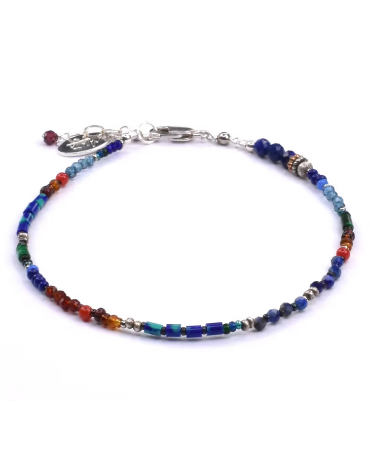 Chipita Bracelet: 7" - Sterling Silver, Lapis, Coral, Chrysocolla, Bronze, Garnet, Blue Topaz