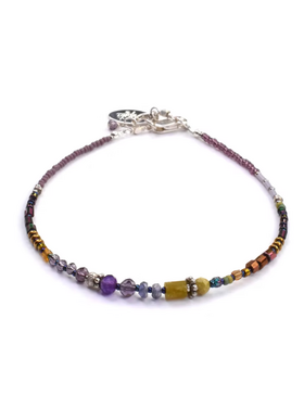 Chipita Bracelet: 7" - Sterling Silver, Amethyst, Iolite, Serpentine, Vintage glass beads, Czech glass seed beads