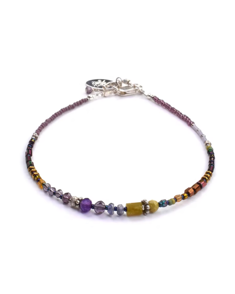 Chipita Bracelet: 7" - Sterling Silver, Amethyst, Iolite, Serpentine, Vintage glass beads, Czech glass seed beads