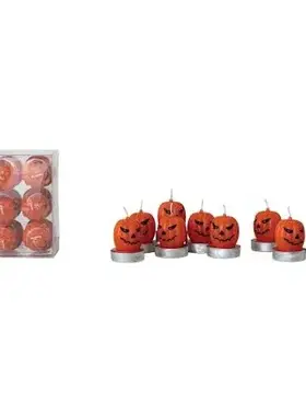 Creative Co-Op Unscented Jack-O-Lantern Shaped Tealights in Box, Orange Color & Black, Set of 9