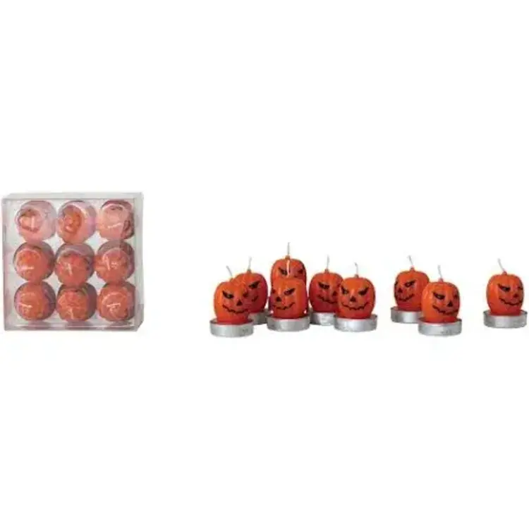 Creative Co-Op Unscented Jack-O-Lantern Shaped Tealights in Box, Orange Color & Black, Set of 9