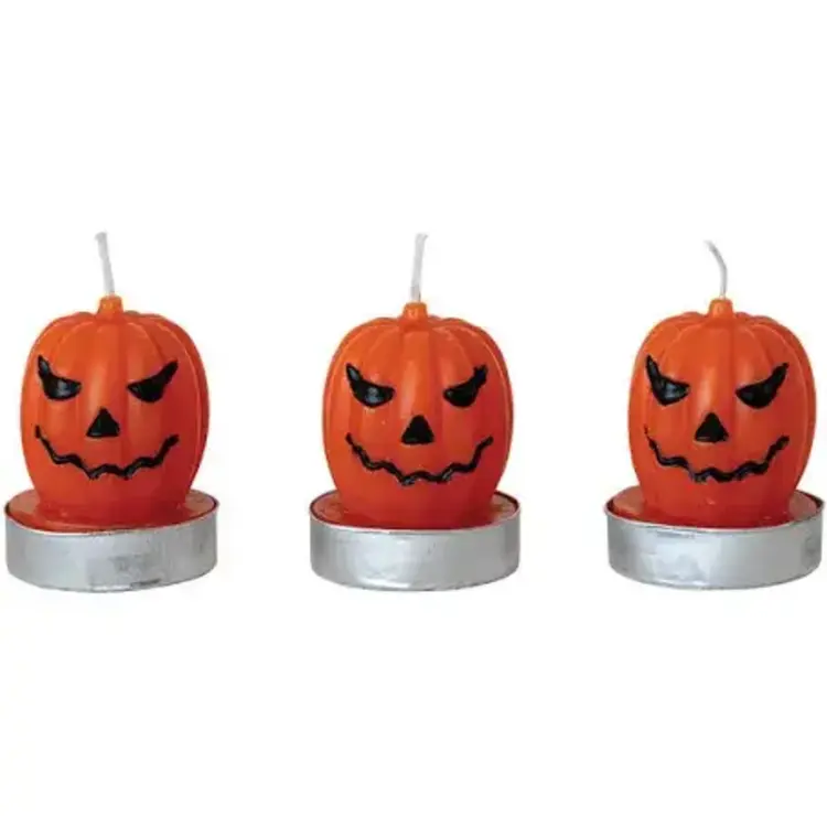 Creative Co-Op Unscented Jack-O-Lantern Shaped Tealights in Box, Orange Color & Black, Set of 9